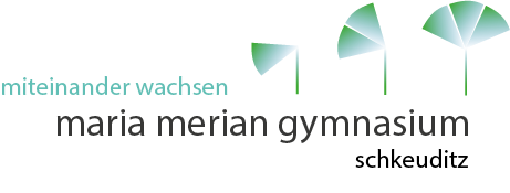 Schriftzug miteinander wachsen, darunter maria merian gymnasium schkeuditz und 3 Zeichnungen - Blätter